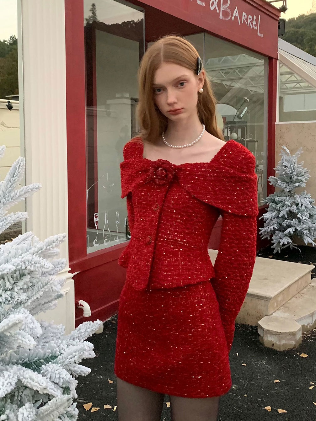 Woven Shag Retro Tweed Jacket & Short & Long Skirt