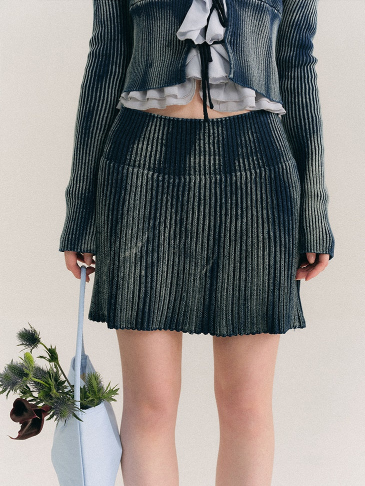 Washed Tie-dye Lace-up Knitted Cardigan & Skirt