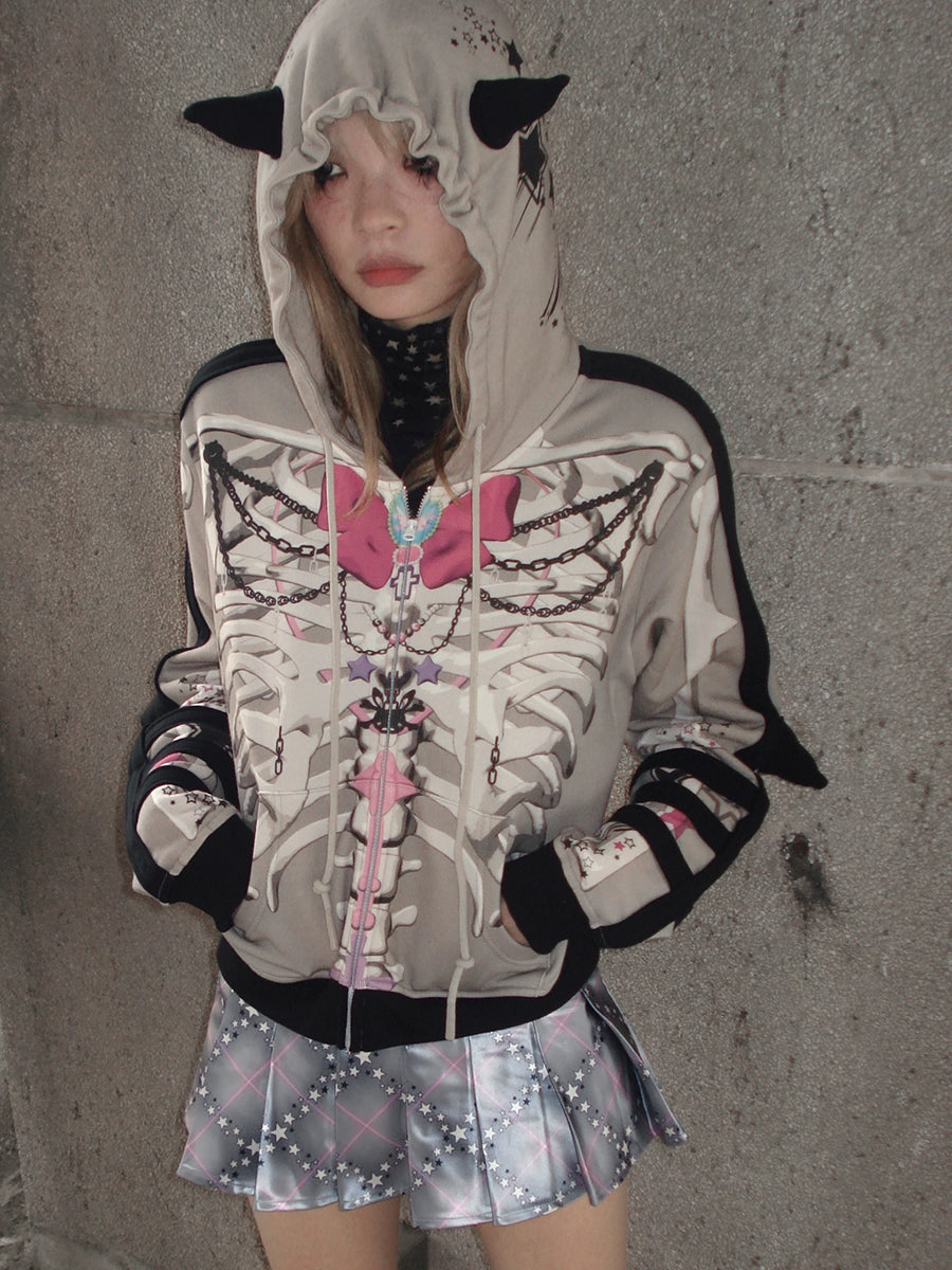 Bow Skull Print Pointed ZIP-Up Parka