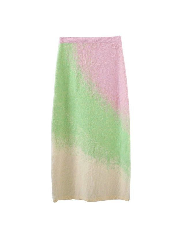 Gradient Color Sweater & Knitted Long Skirt