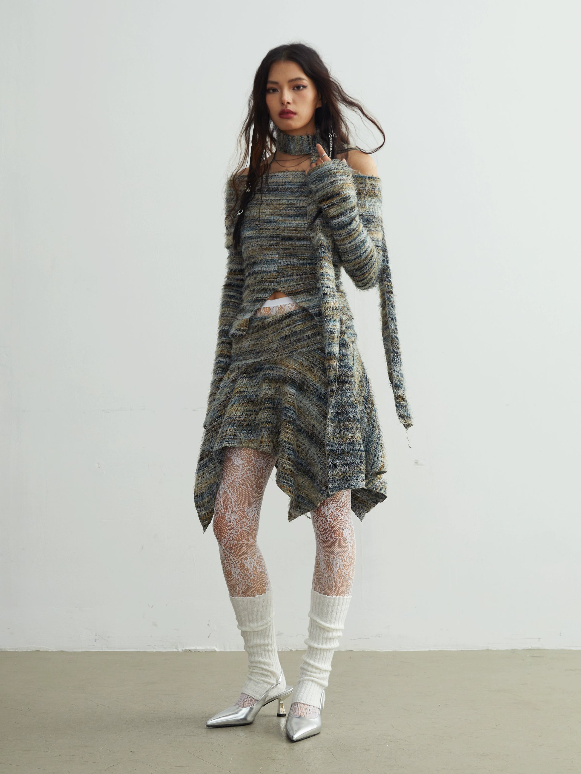 Forest Color Off-Shoulder Loose Knitted Top & Irregular Skirt