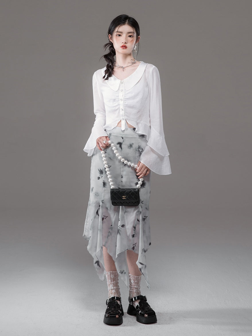Tulip Mist Ash Ruffled Sleeveless Top & Irregular Hem Skirt Set-up