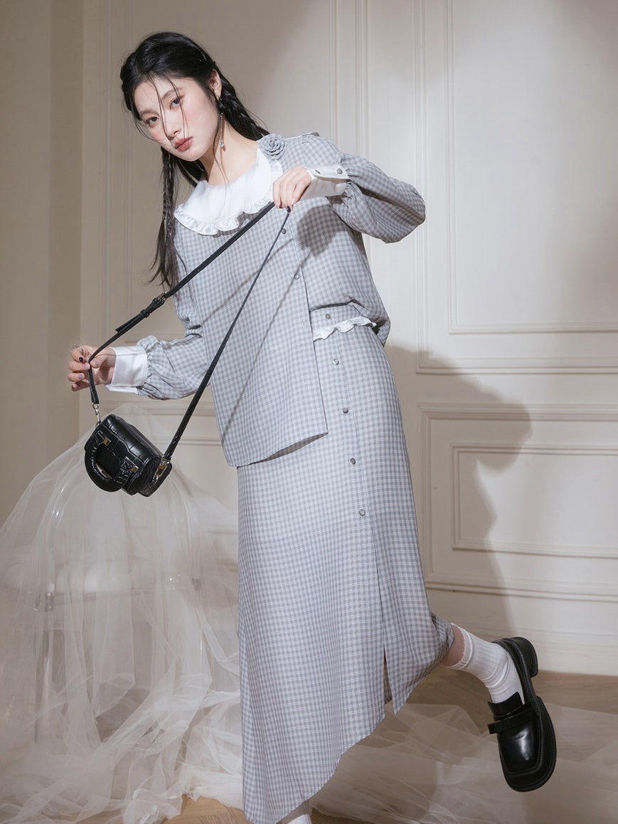 Contrast Color Plaid Shirt & Asymmetry Skirt Set-up