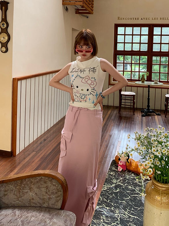 Ribbon Low-waist Tooling Long Skirt