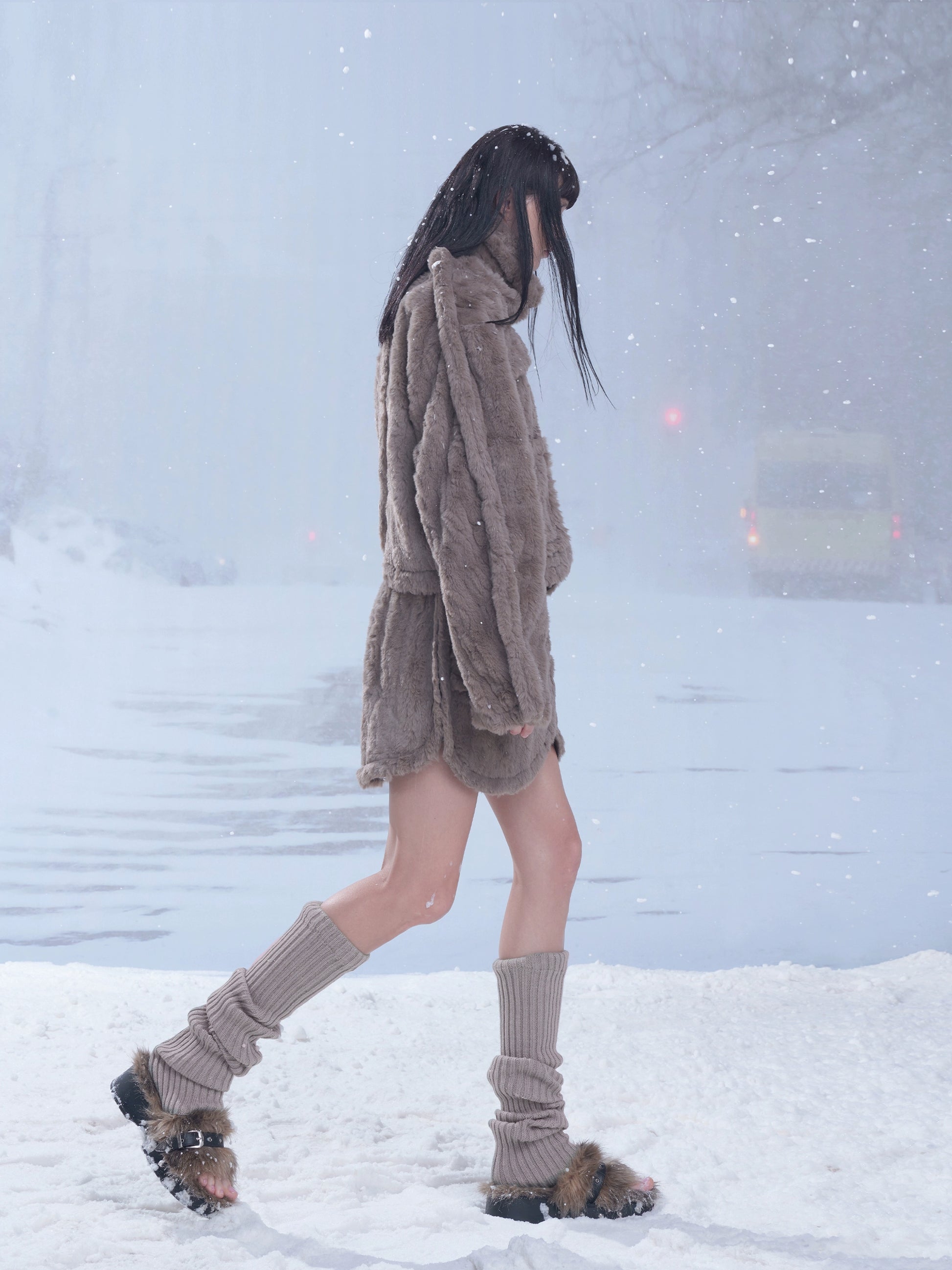 Fluffy Removable Collar Short Jacket & Wrap Design Skirt