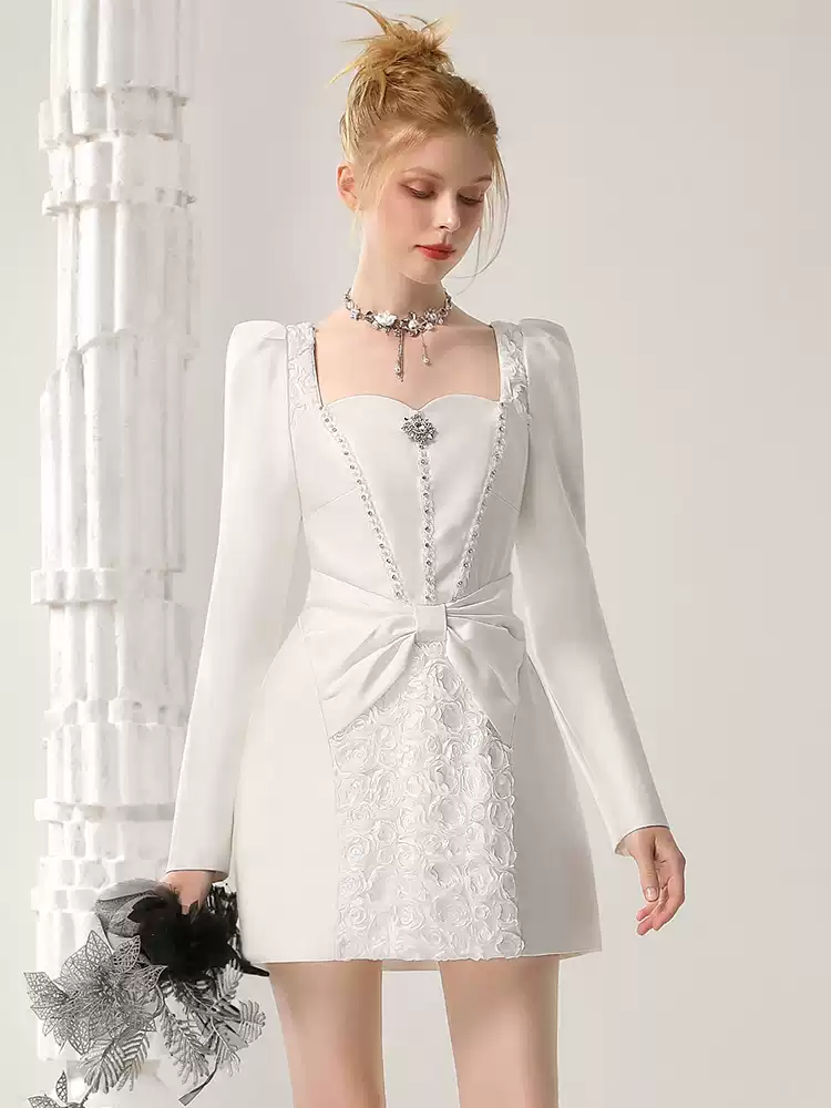 Ribbon Lace Bijou Short Square-Neck Elegant Dress