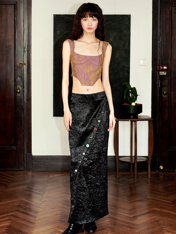 자카드 백 레이스 업 슬림 코르셋 탑