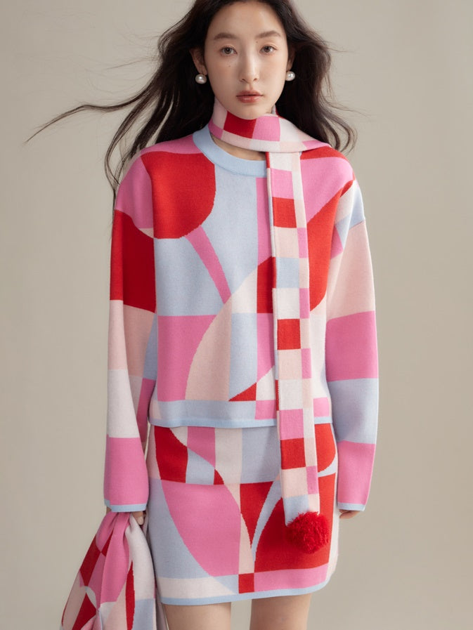 Mosaic Plaid Tulip Stole& Handbag & Knitted Sweater & Skirt