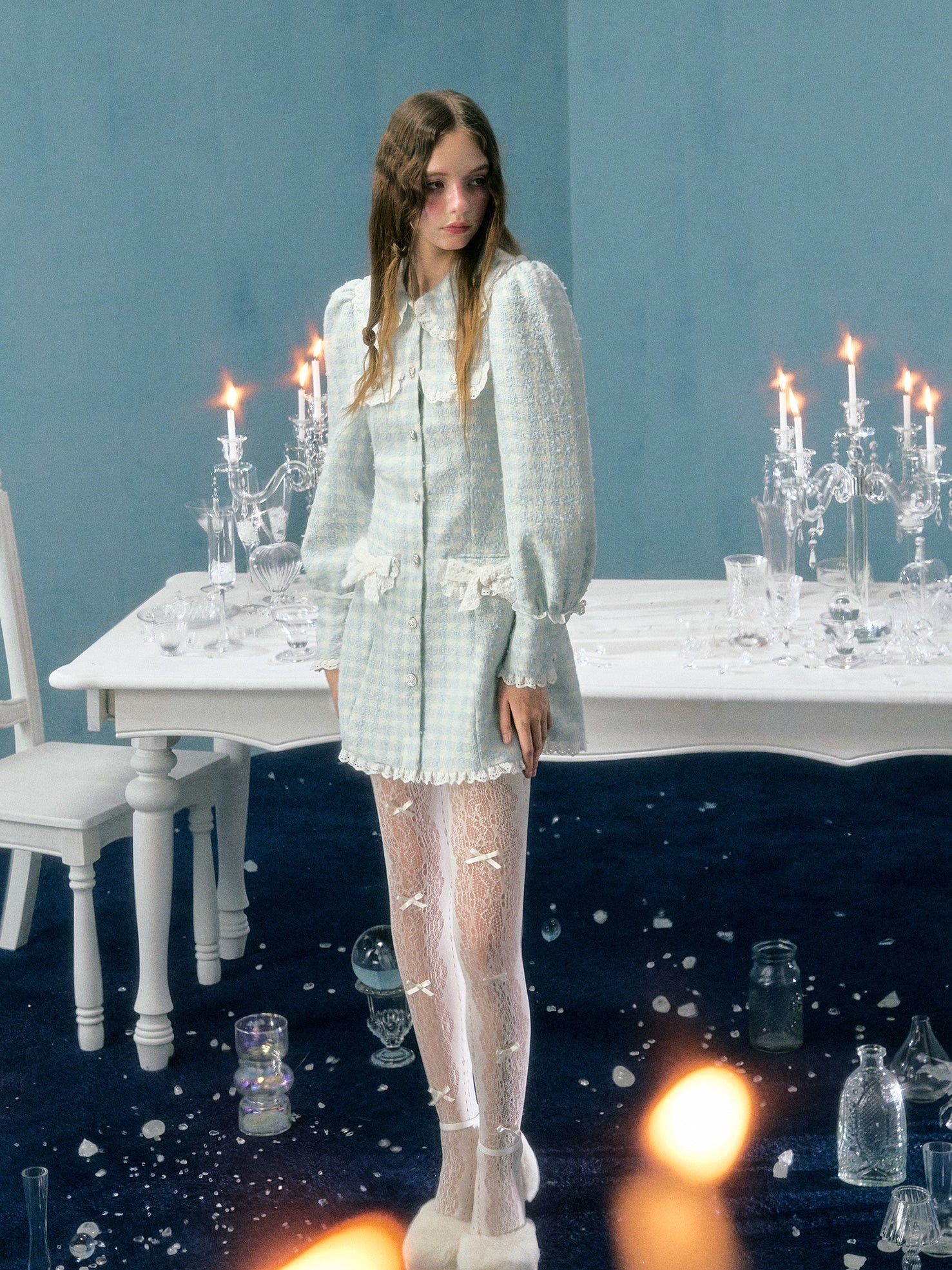 Plaid Doll Collar Lace Bow Puff Sleeve Dress
