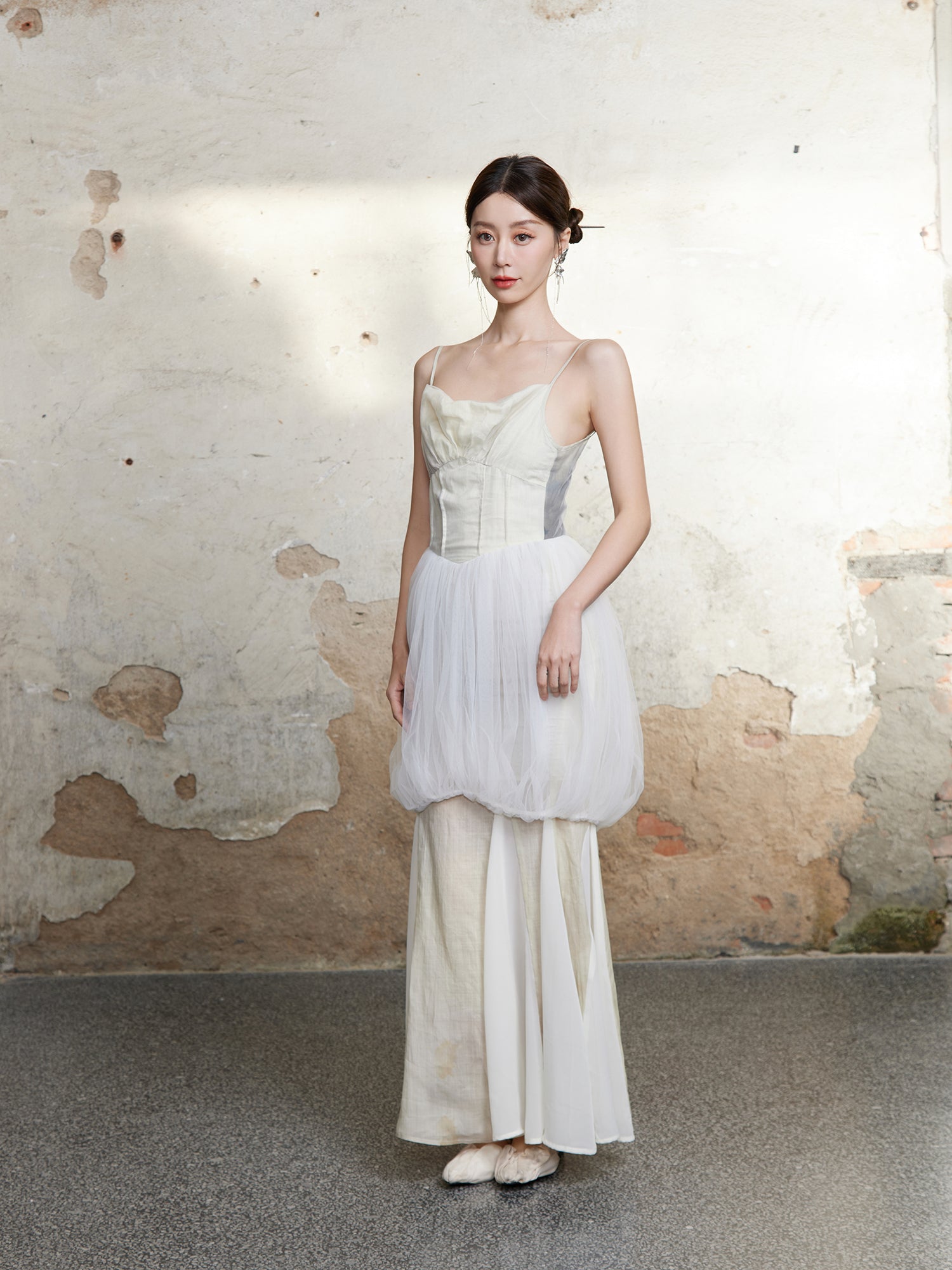 메쉬 꽃 새싹 미끄러짐 긴 드레스