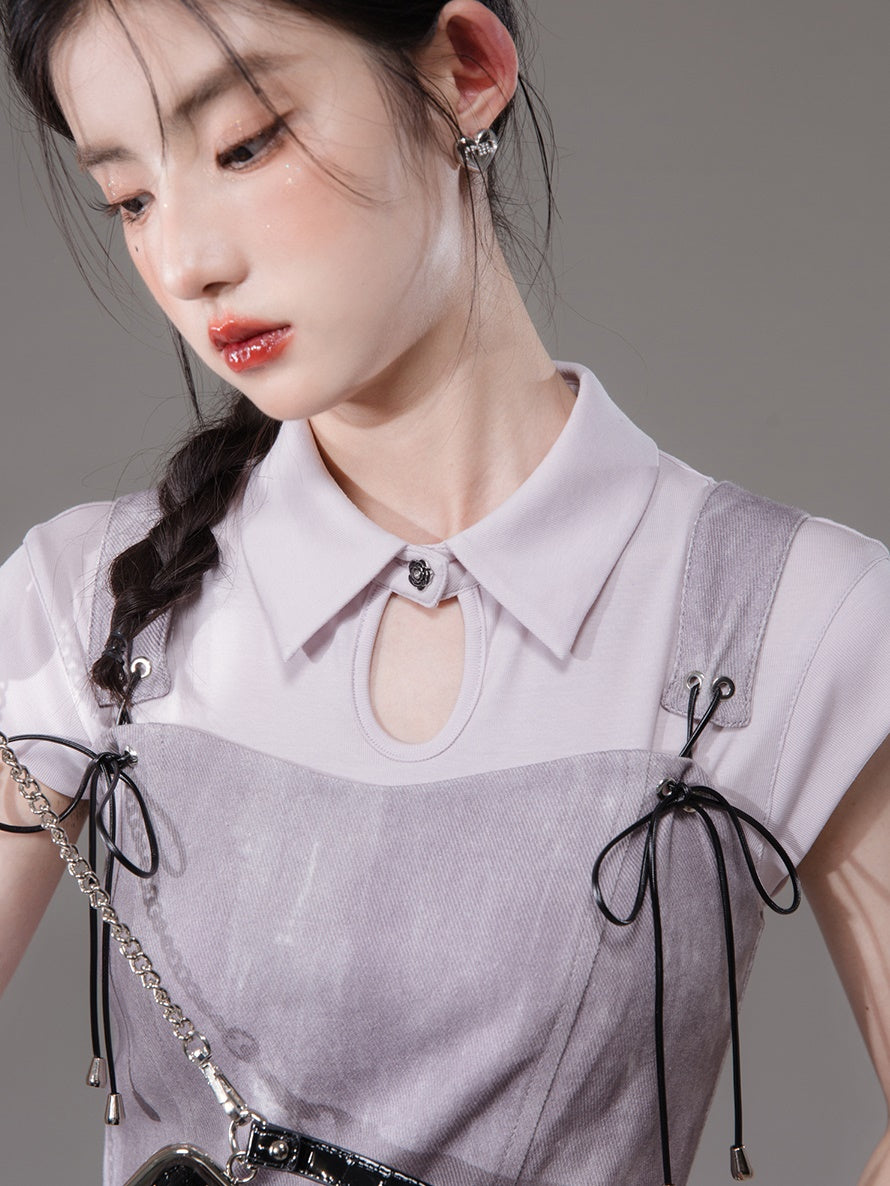 Chinese Style French Sleeve Cutsew & Tie-Dye Printed Suspender One-piece Set-up