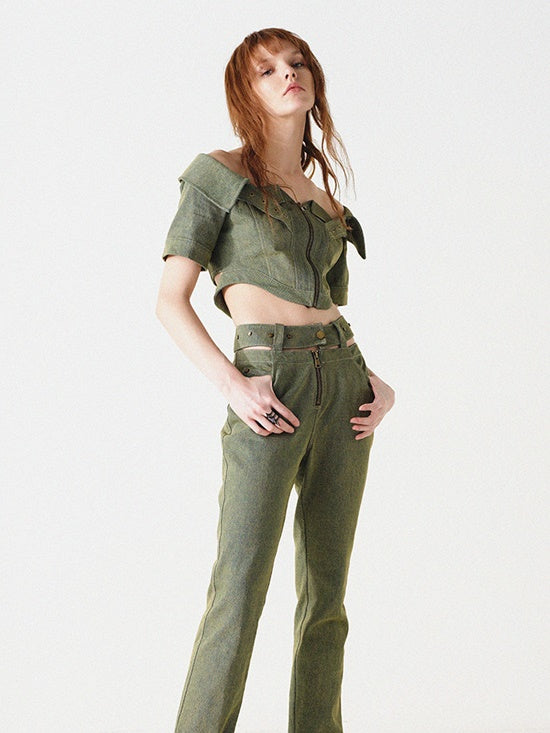 Denim-Off-Shoulder-Top & Long-Rock mit Gürtel