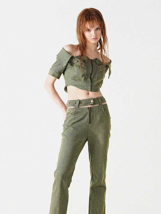 Denim-Off-Shoulder-Top & Long-Rock mit Gürtel