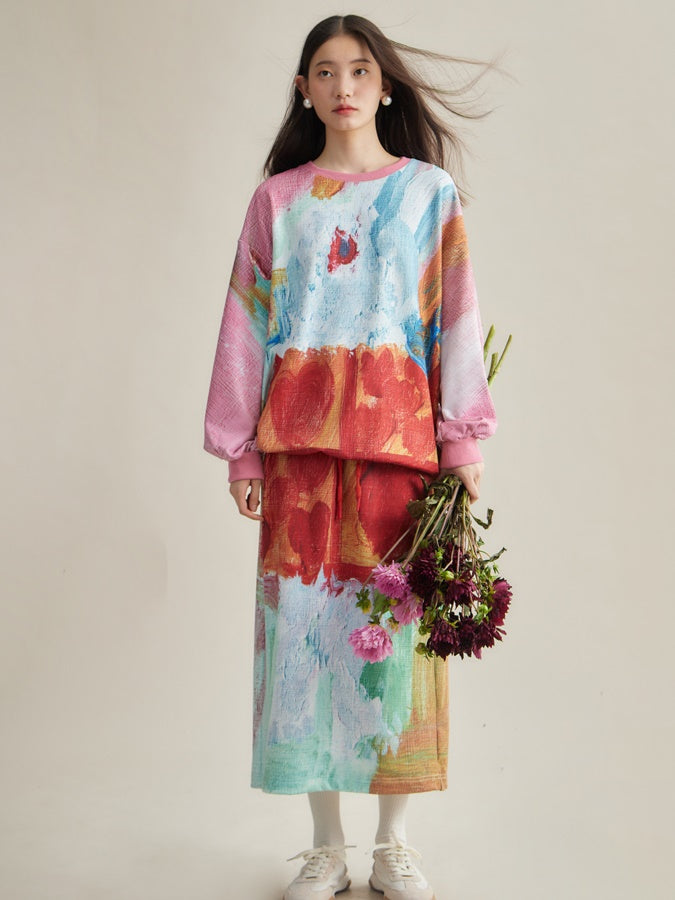 Oil Painting Taste Printed Sweat & Skirt