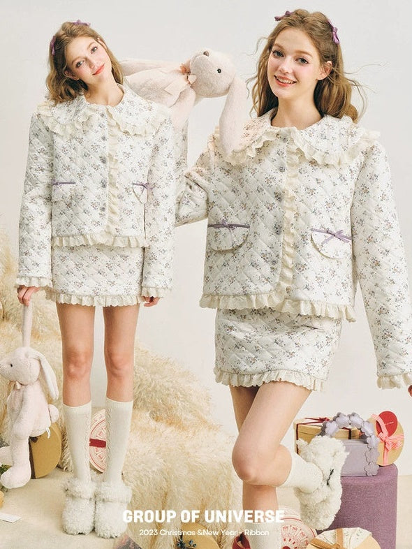 Veste matelassée en dentelle florale et jupe courte