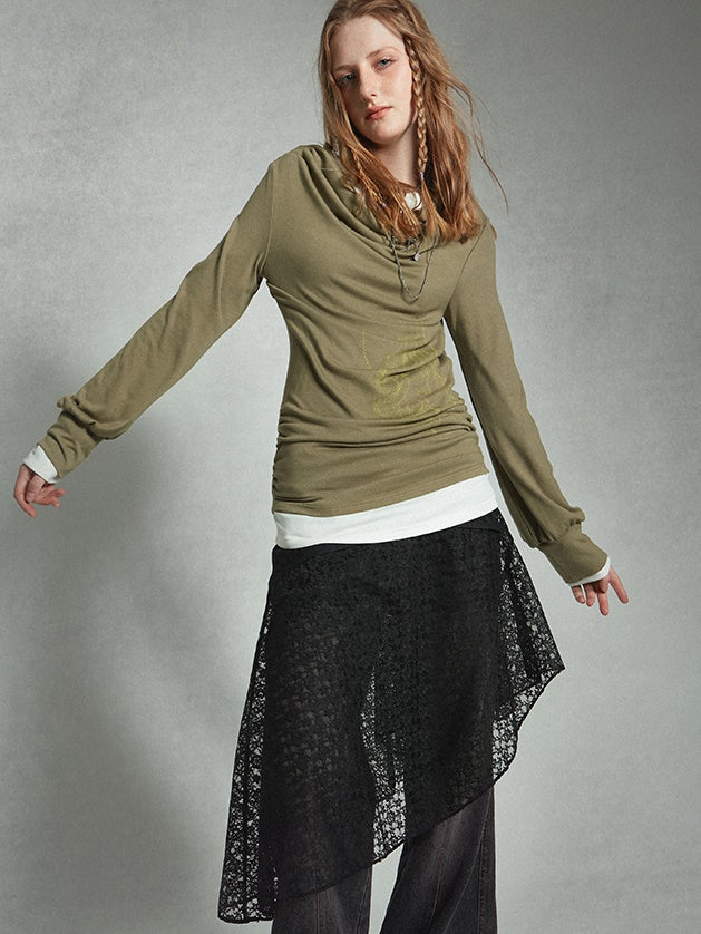 스윙 칼라 프린트 개더 티셔츠