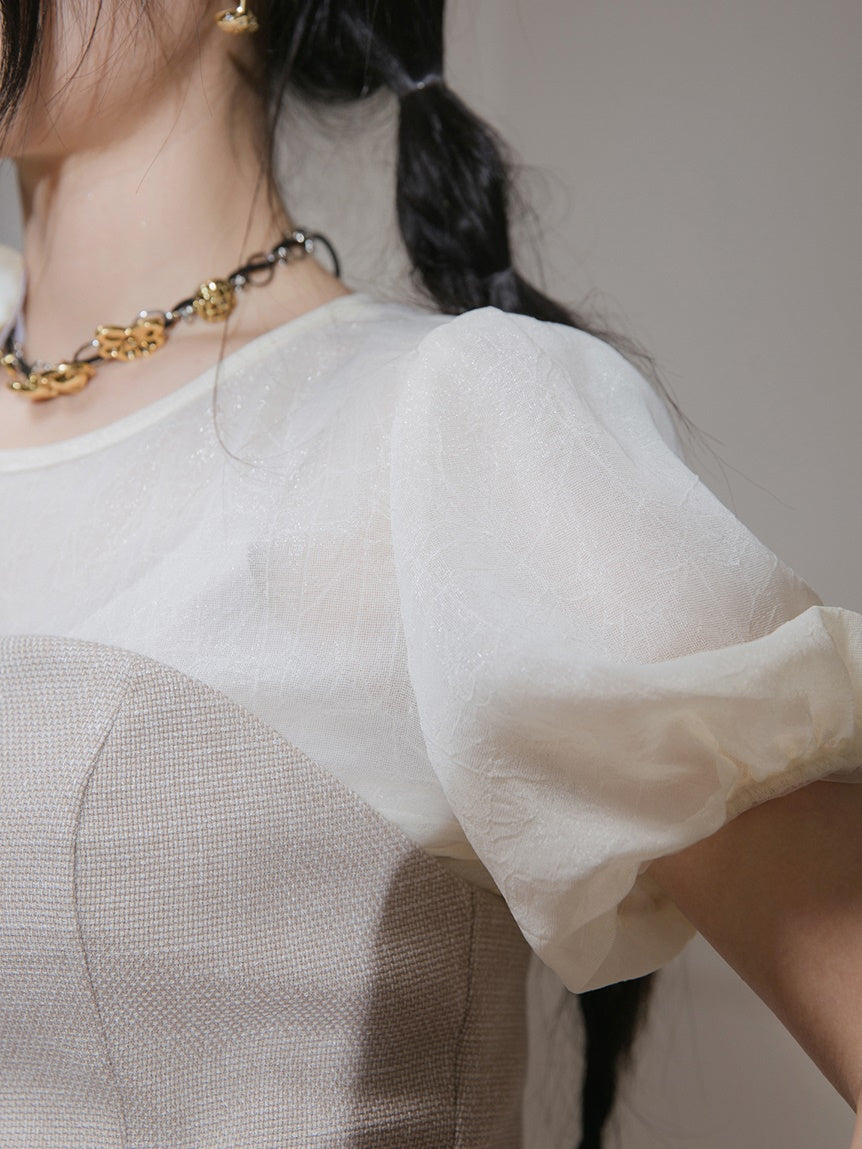 Puff Sleeve Sheer Shirt & Bear top Vest Set-up