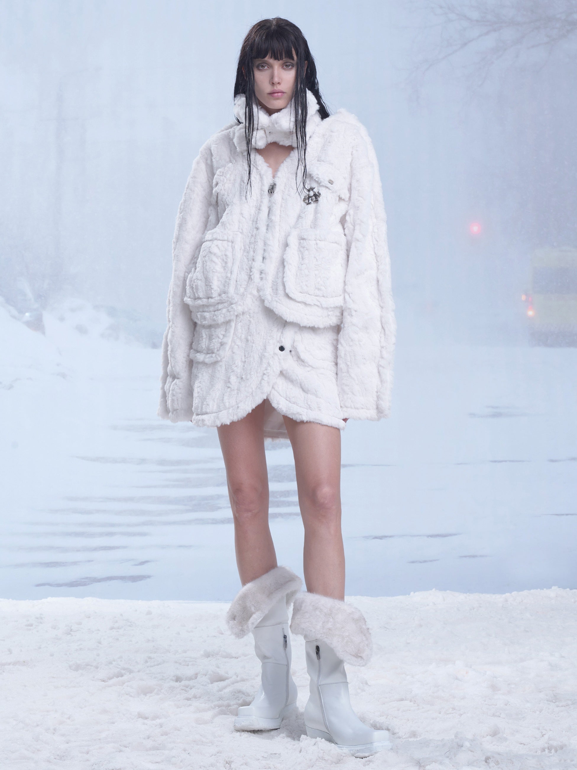 Fluffy Fur Hollow Short Jacket & Wrap Design Skirt