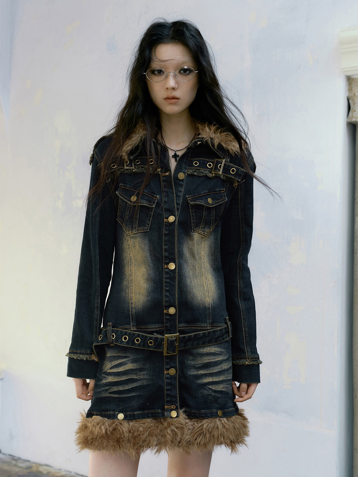 Fur Collar Washed And Distressed Slim Denim Dress