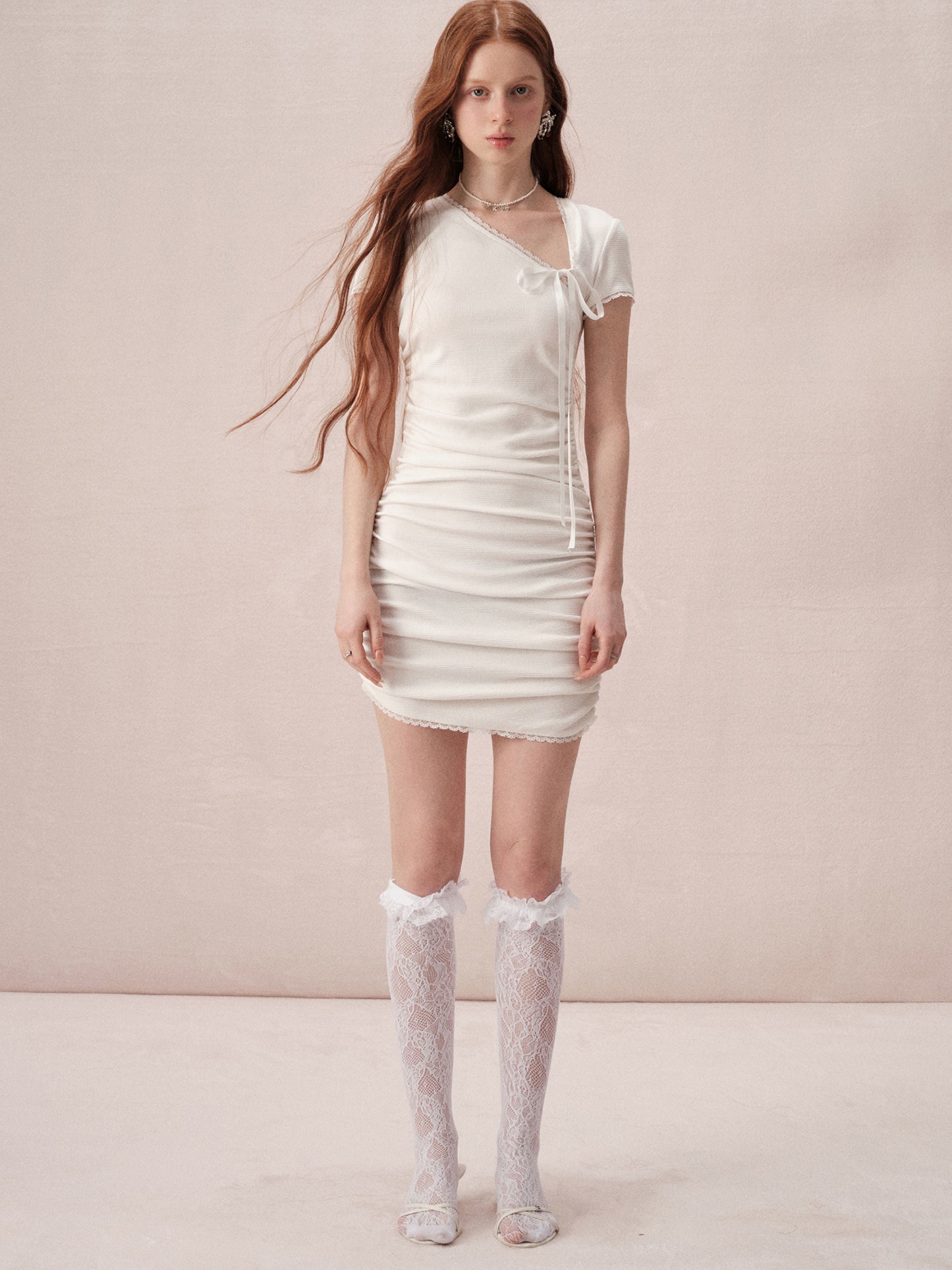 Lace Edge Side Shirring Gather One-piece