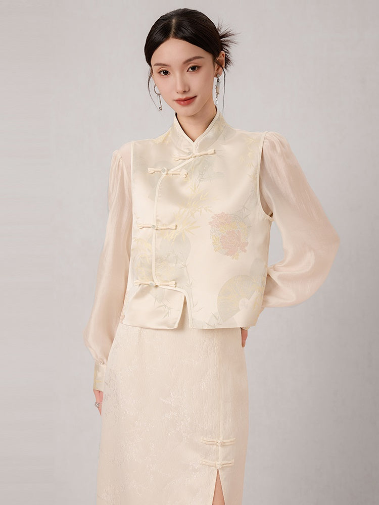 Chinese Style Jacquard Stand Collar Vest & Sheer Top Set-up