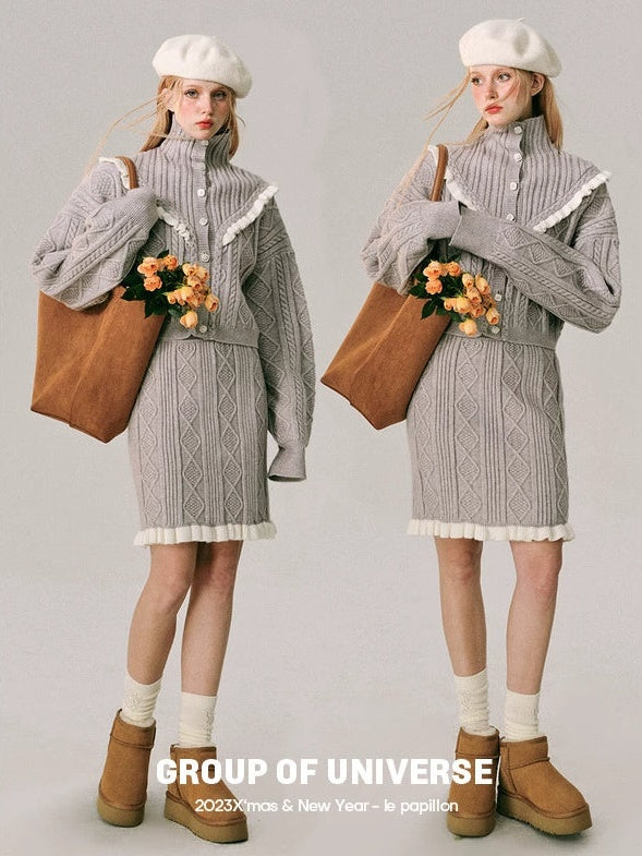 Hoher Hals gehäkelt Holzohr Strickjacke & Rock