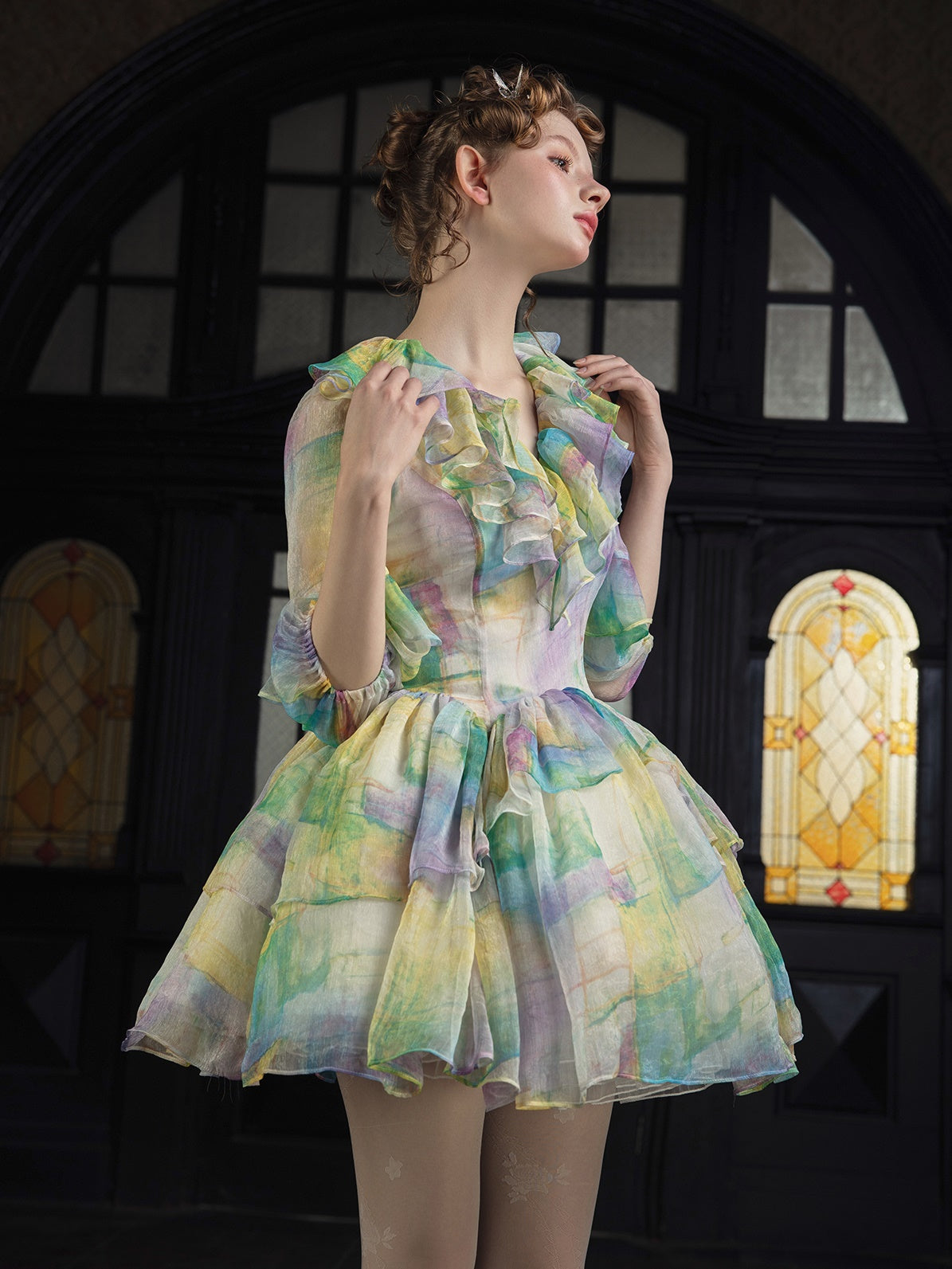 V-neck Frill Short Dress & Pannier