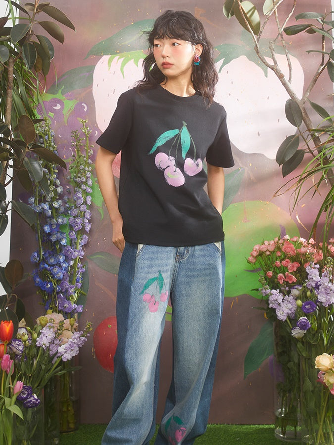 Cherry Print Loose Round Neck T-shirt