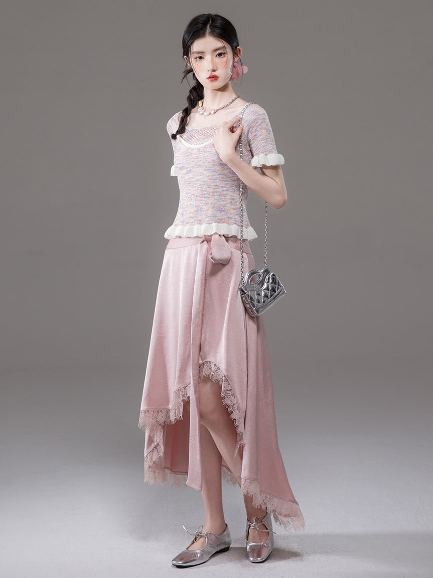 Embossed Satin Irregular Hem Skirt