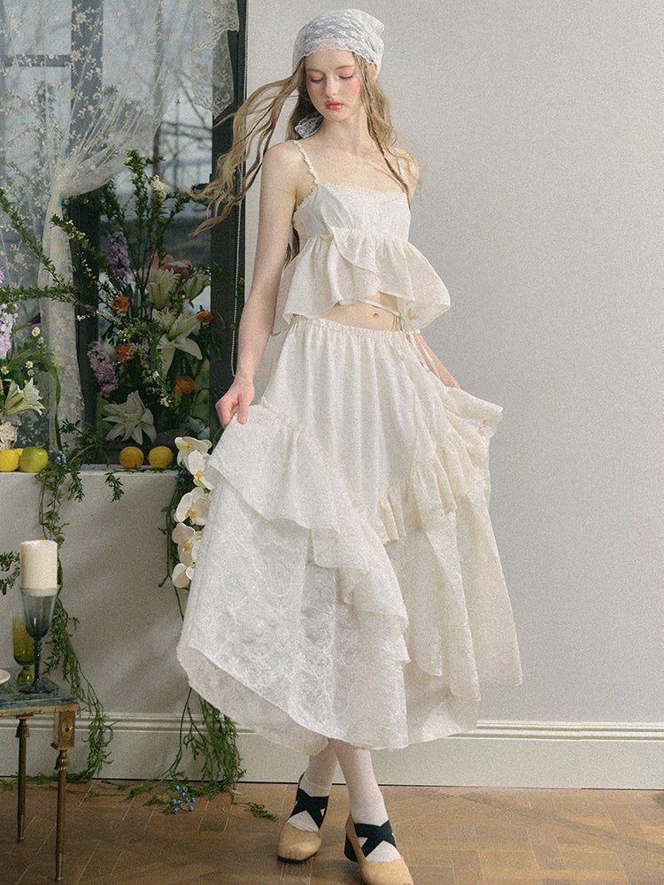 Embroidered Jacquard Ruffled Sling & Asymmetry Skirt