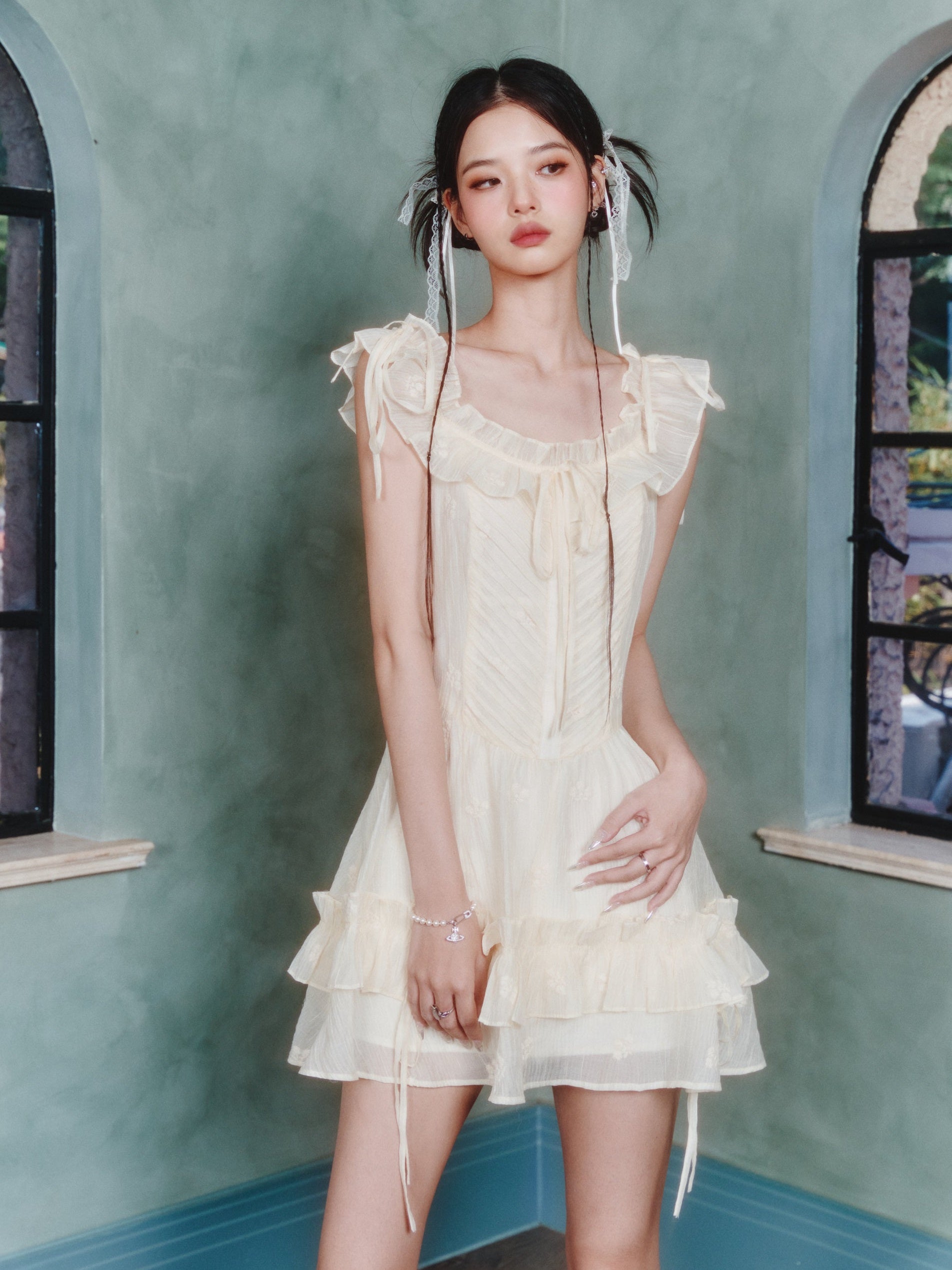 Embroidered Ruffled U-neck Lace-up Sleeveless Dress