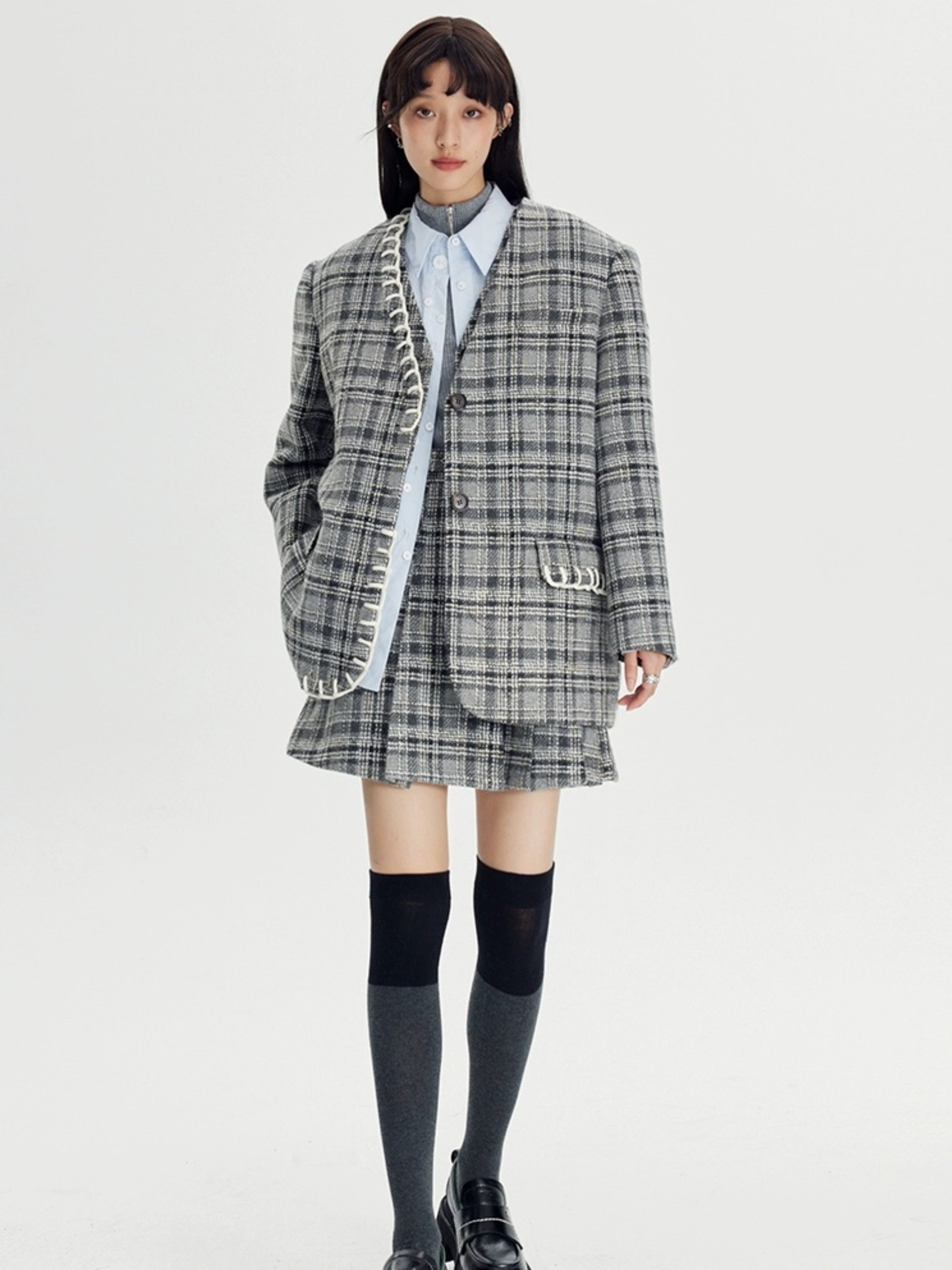 Woven Plaid No-Collar Jacket & Vest & Pleated Skirt