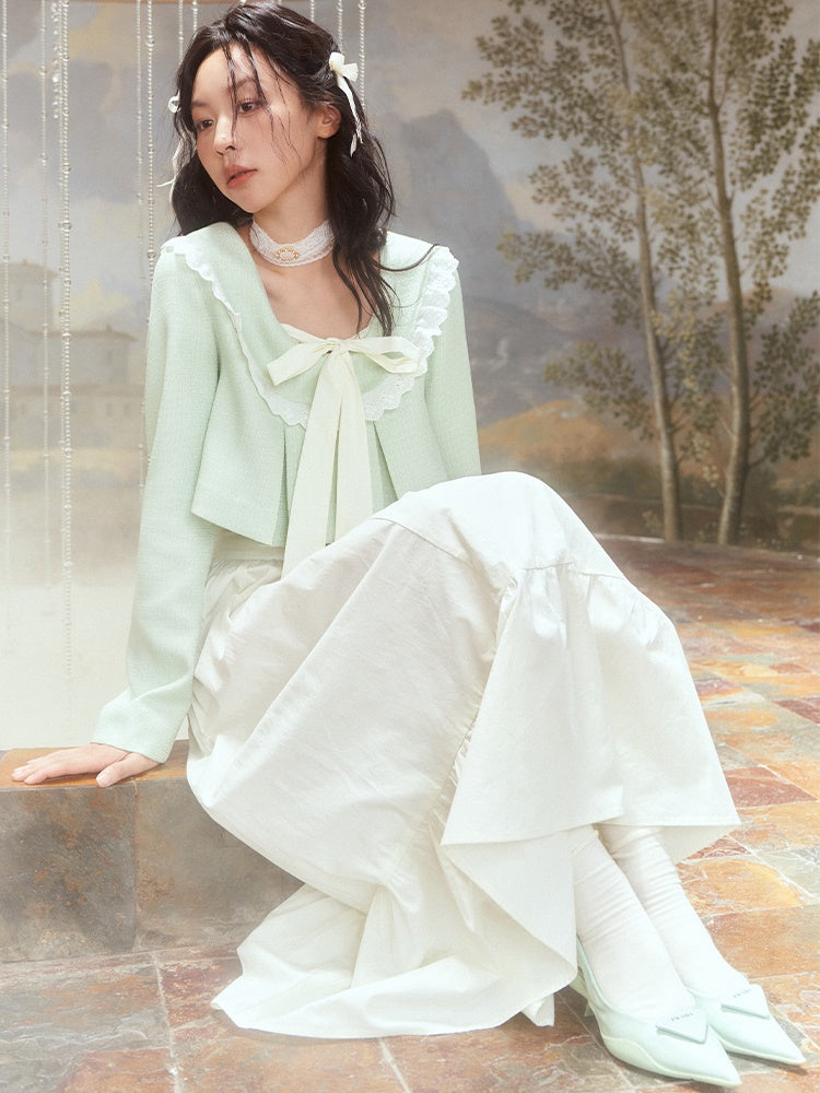 레이스 스티치 주름 짧은 상단 & ruffle long skirt