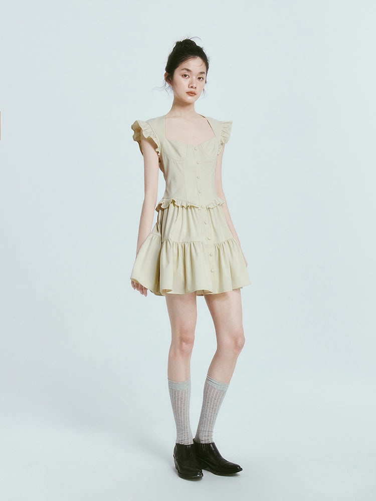 Square Neck Flying Sleeve Gather One-piece