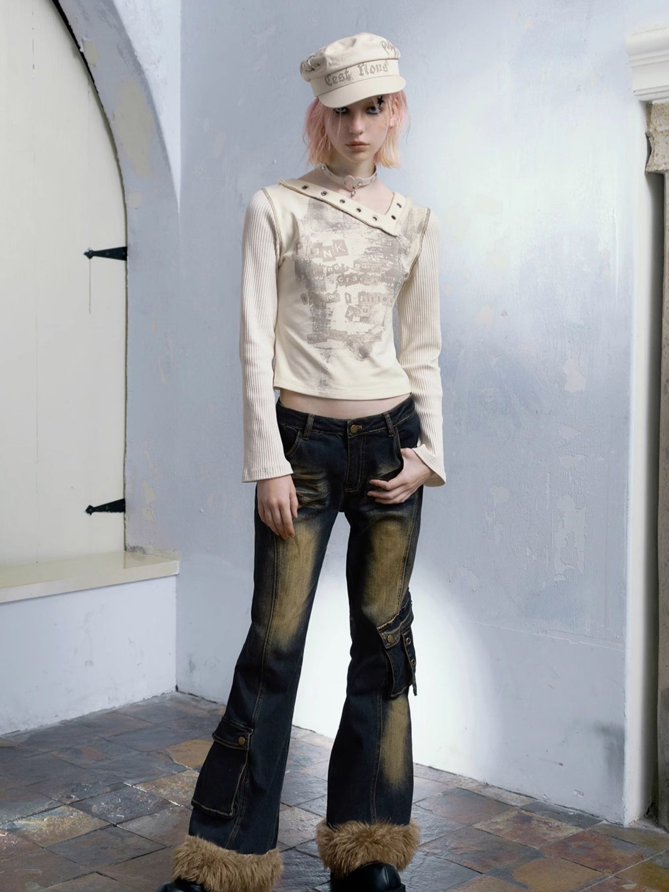 Diagonal Collar Patchwork Graffiti Cutsew