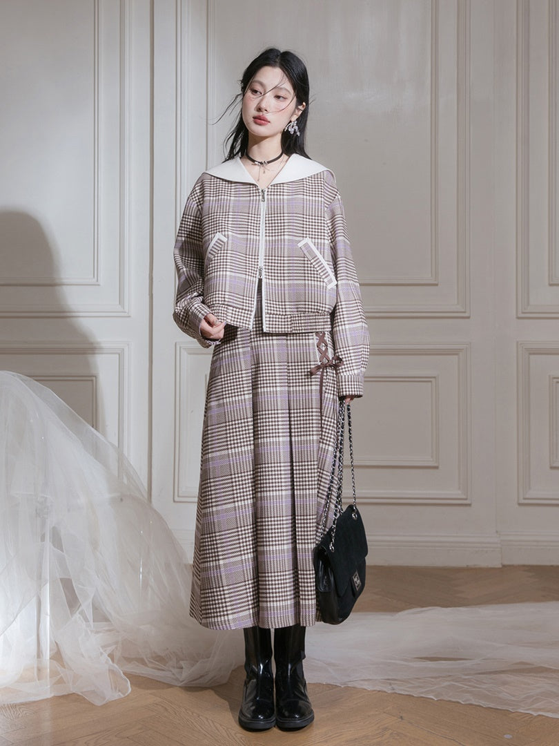 Navy Collar Plaid Short Jacket & A-Line Pleated Skirt