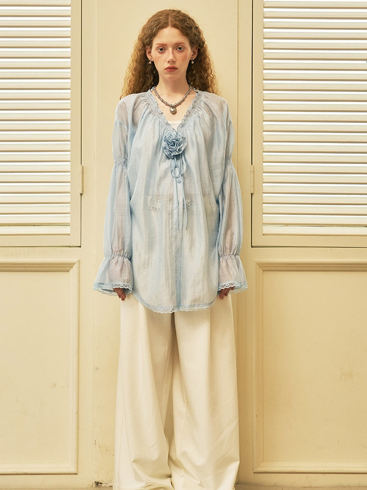 Gather V-Neck Lace Stitching Sheer Shirt