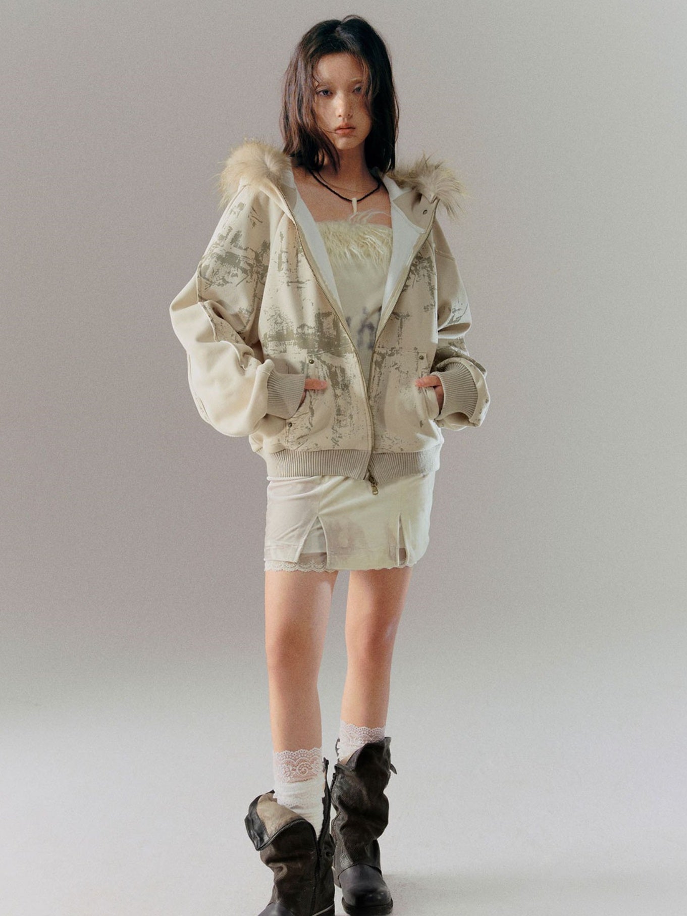 Loose Mottled Graffiti Fur Stitch Hooded Sweat Jacket