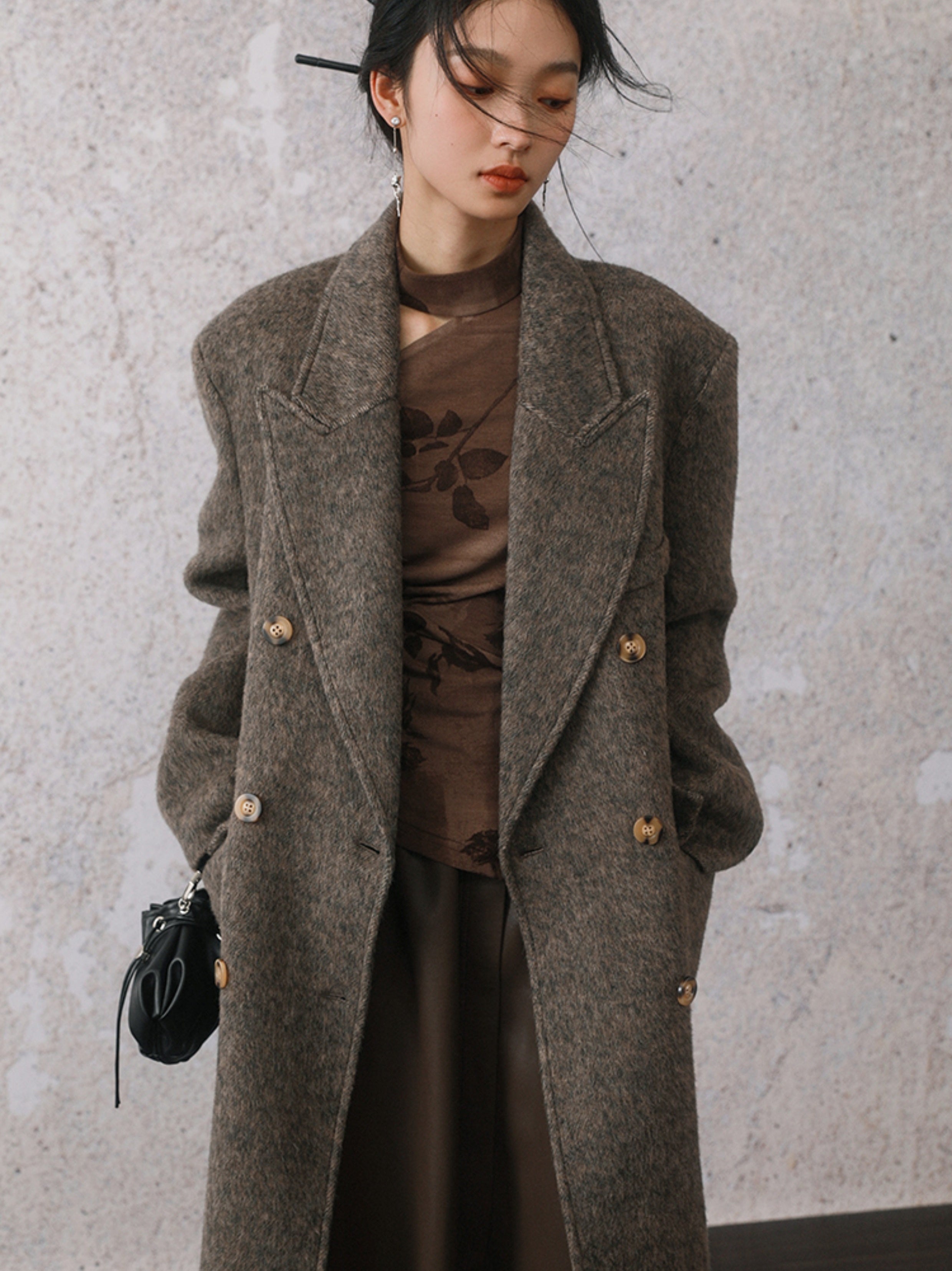 슈트 칼라 양면 미드 길이 코트