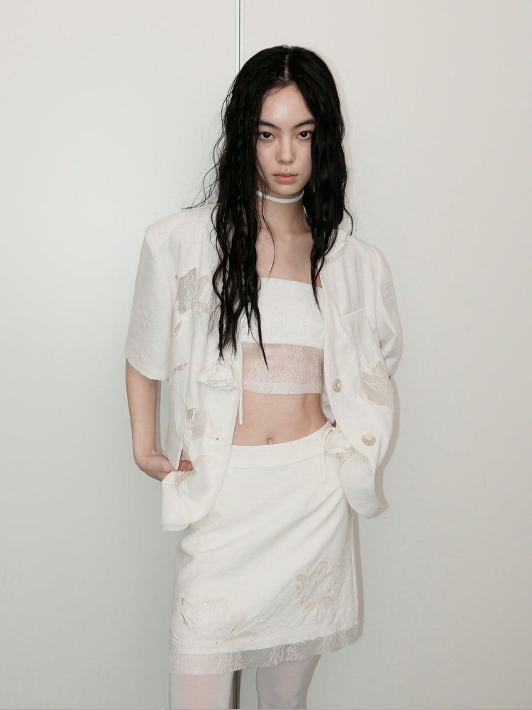 Carved Lace Embroidery Jacket & Camisole & Short Skirt