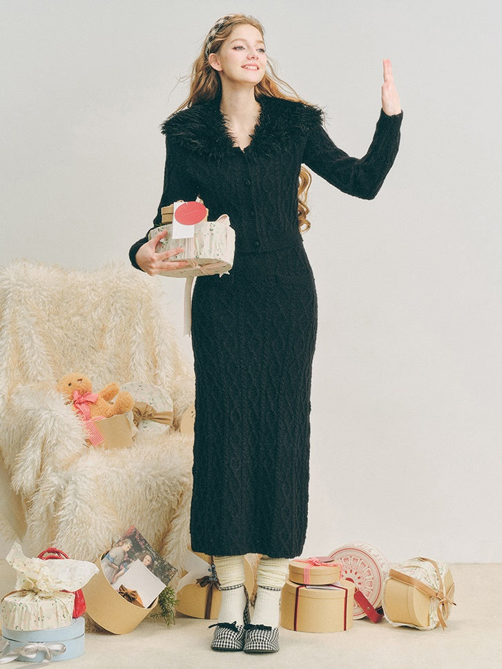 Fur Collar Twist Knitted Cardigan & Long Skirt
