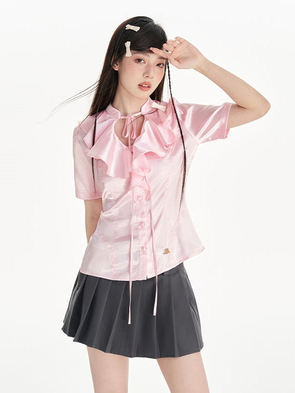 Lotus Ruffled Tie Short-sleeved Shirt