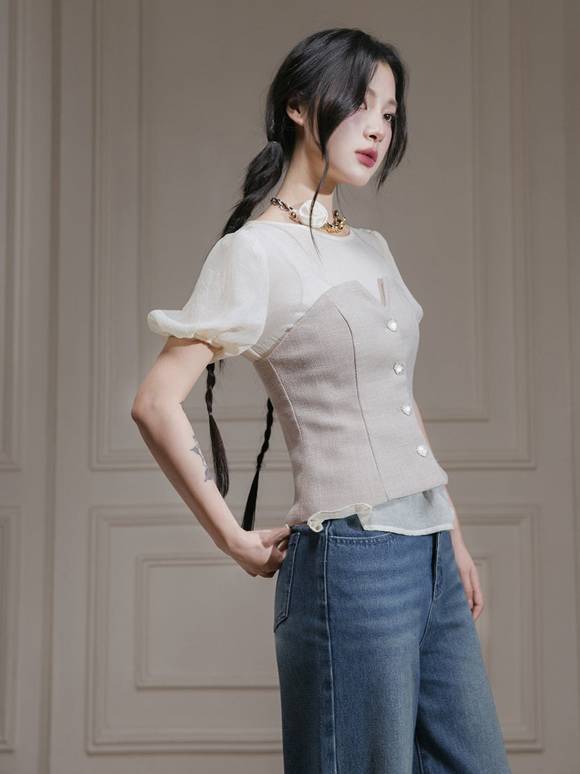 Puff Sleeve Sheer Shirt & Bear top Vest Set-up