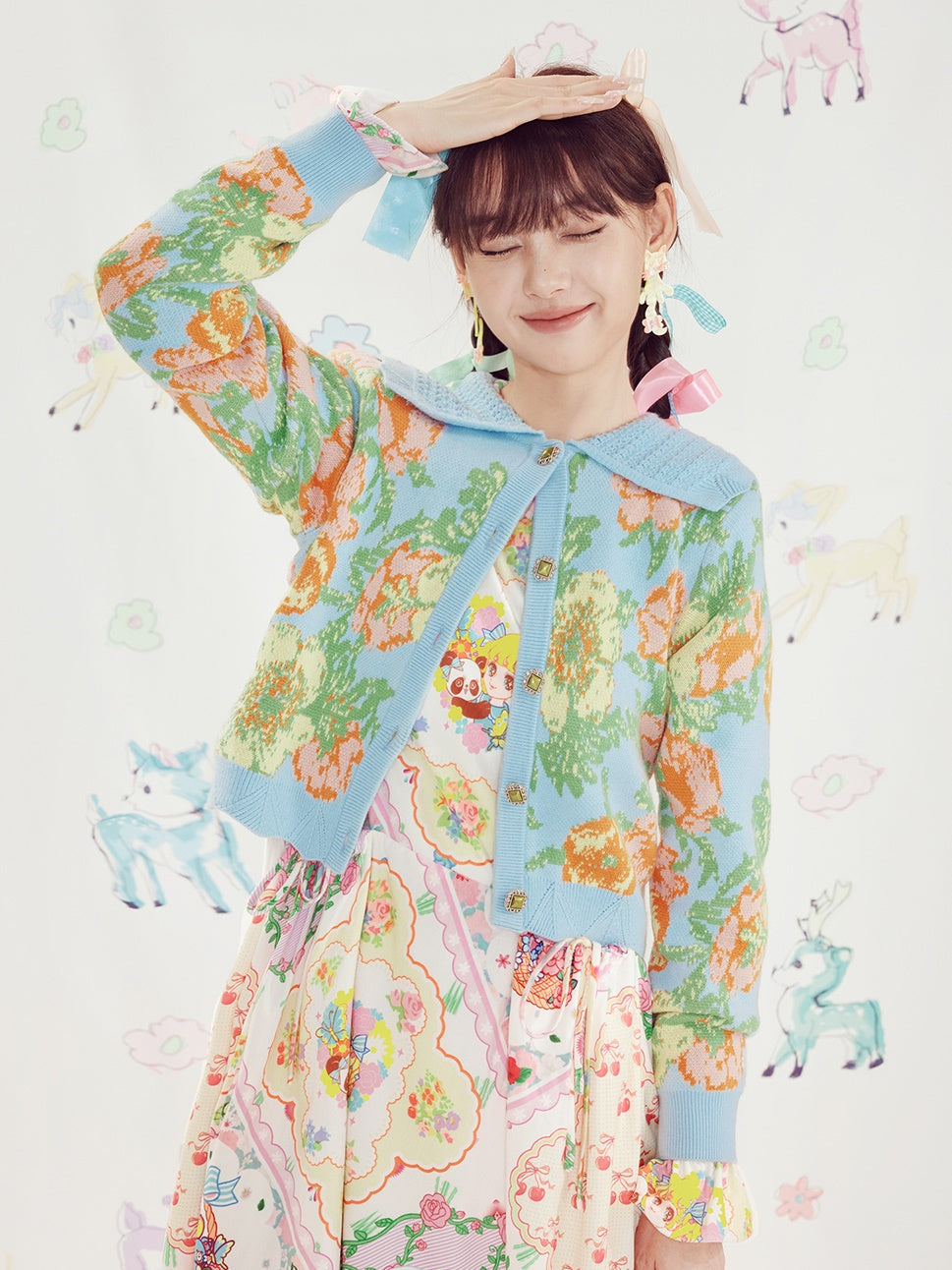 짧은 꽃 니트 자카드 카디건