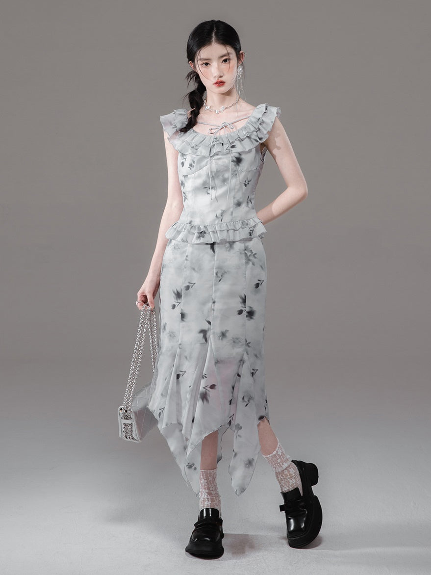 Tulip Mist Ash Ruffled Sleeveless Top & Irregular Hem Skirt Set-up