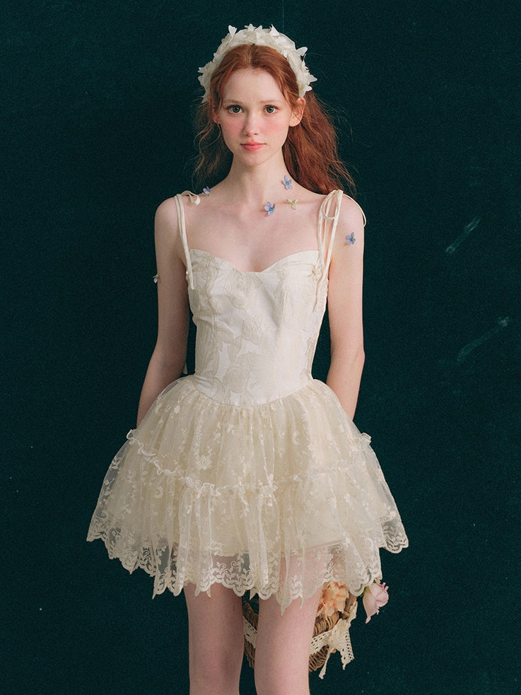 Flower Jacquard Suspender Tutu Dress