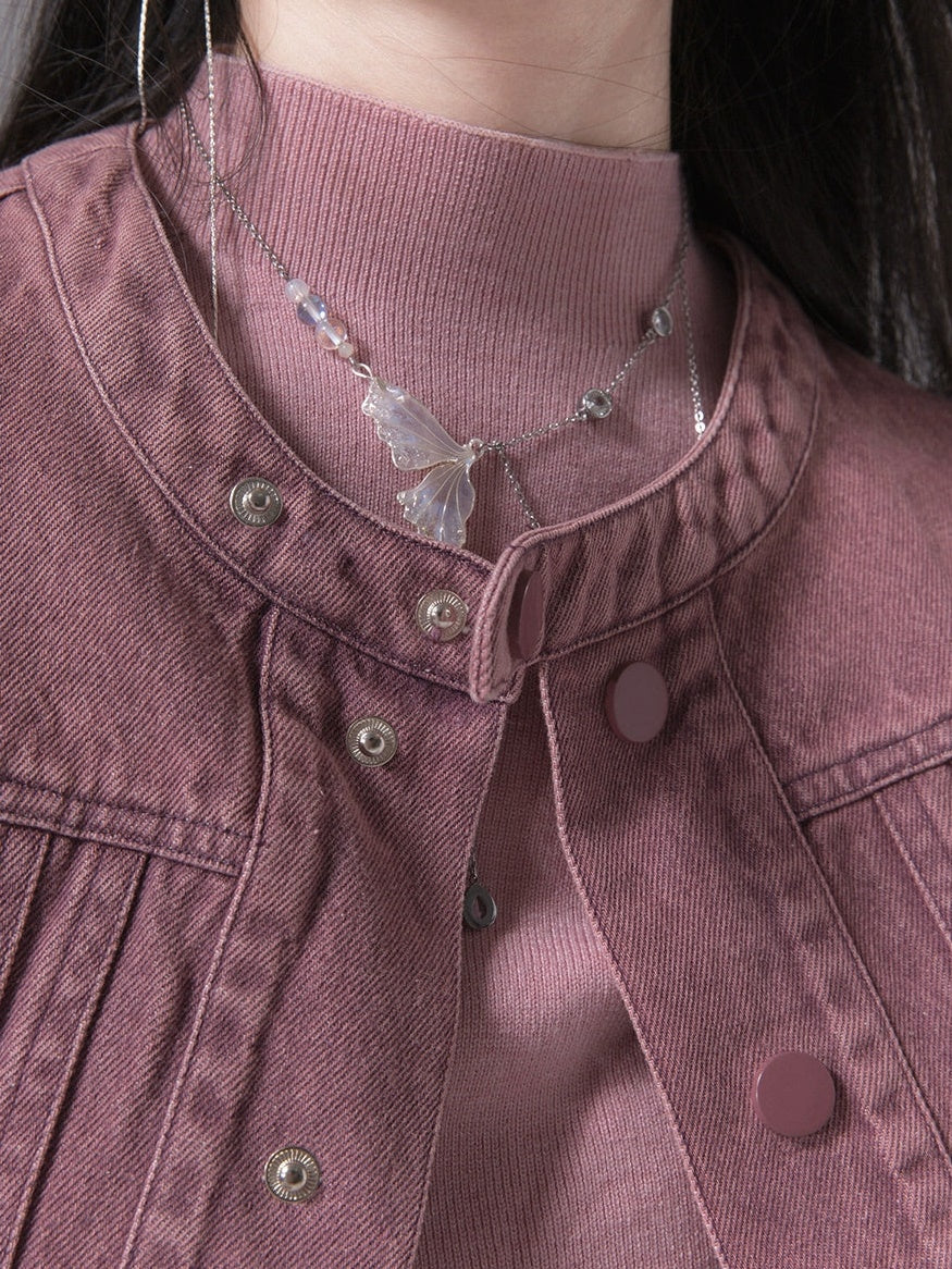 No-Collar Colored Denim Short Jacket