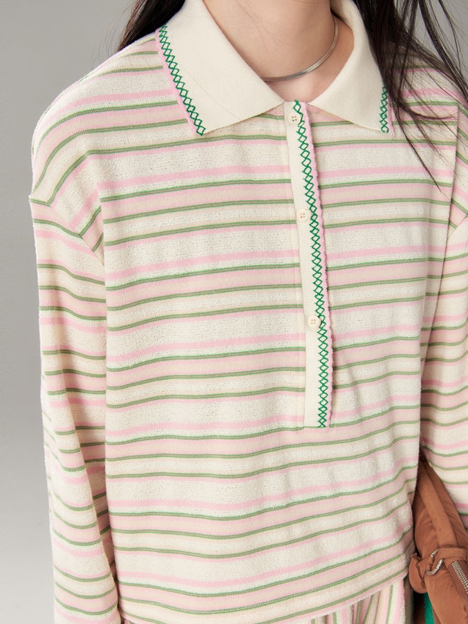 Easy Chic Grainy Texture Striped Knitted POLO Shirt & Skirt