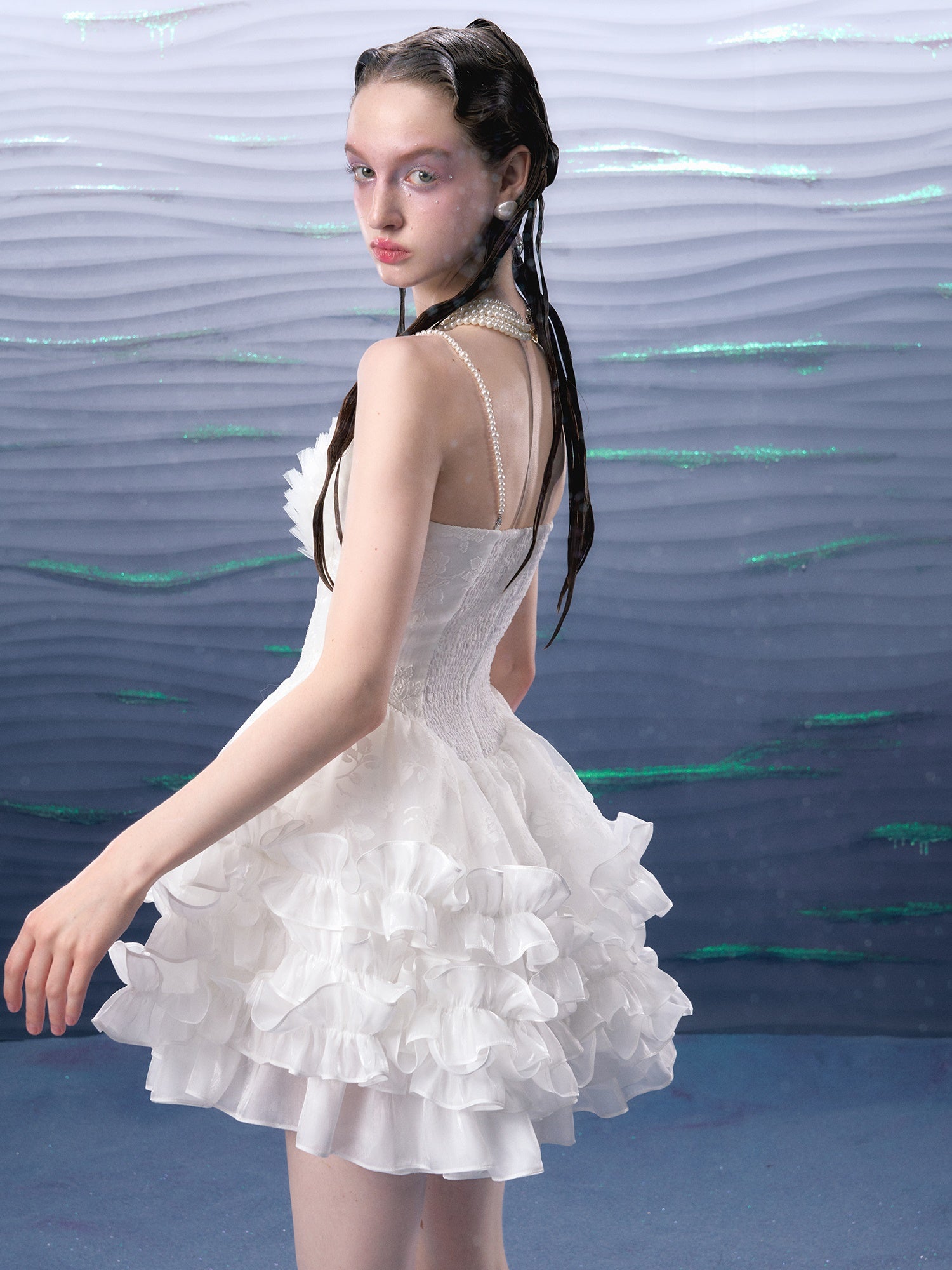 Organza Puffy Suspender Dress & Pearl Corset