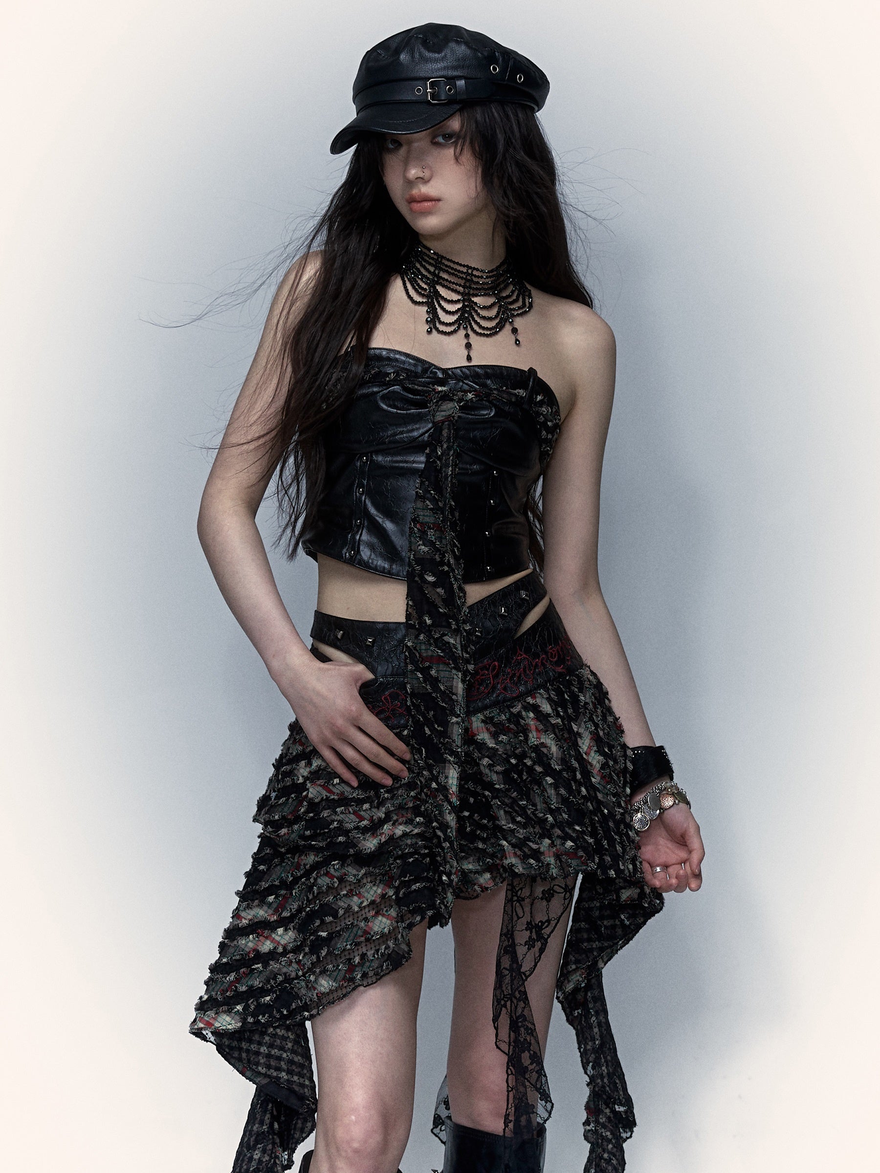 Stitching Embroidered Skirt & Lace Stitch Leather Tube Top